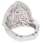 Trillion purple amethyst sterling silver ring with intricate design and sparkling accents.